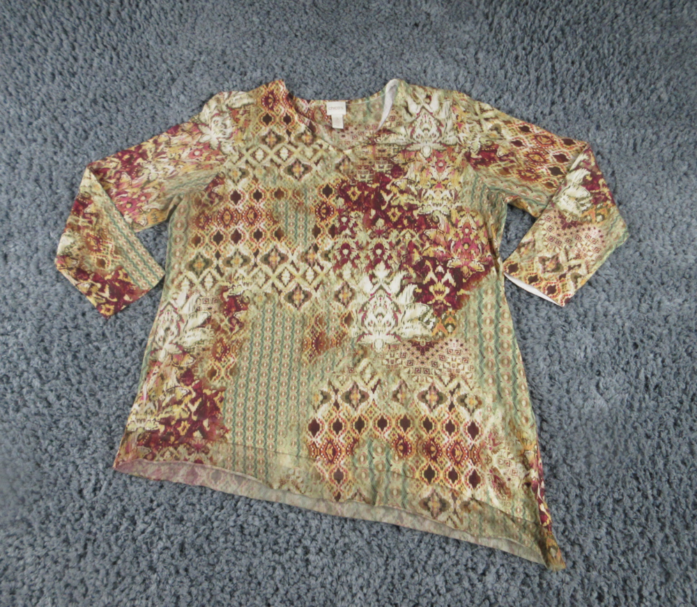 Chicos Shirt Womens 3 Beige Maroon Green 3/4 Sleeve Asymetrical Hem Pullover Tee